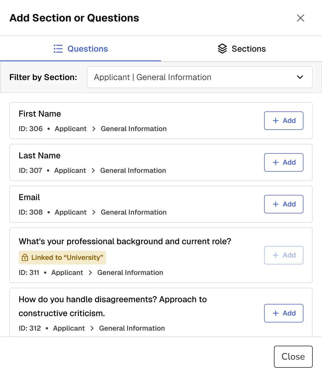 Admin form builder showing the shared general application