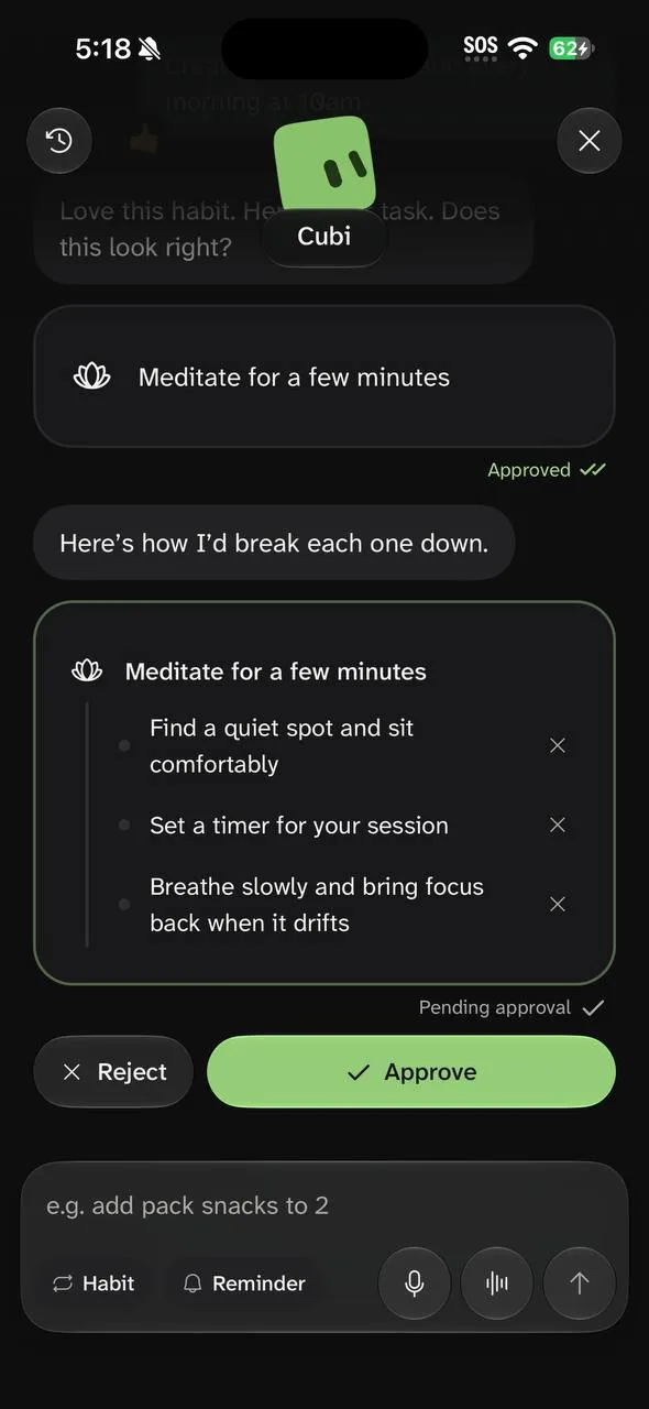 Cubi breaks "Meditate for a few minutes" into three sub-tasks, with Reject and Approve buttons.